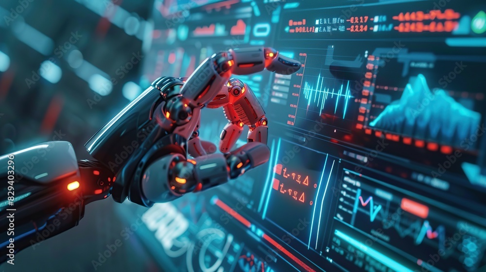 Fototapeta premium Close-up of a robotic hand interacting with a digital interface showcasing data analytics and futuristic graphs