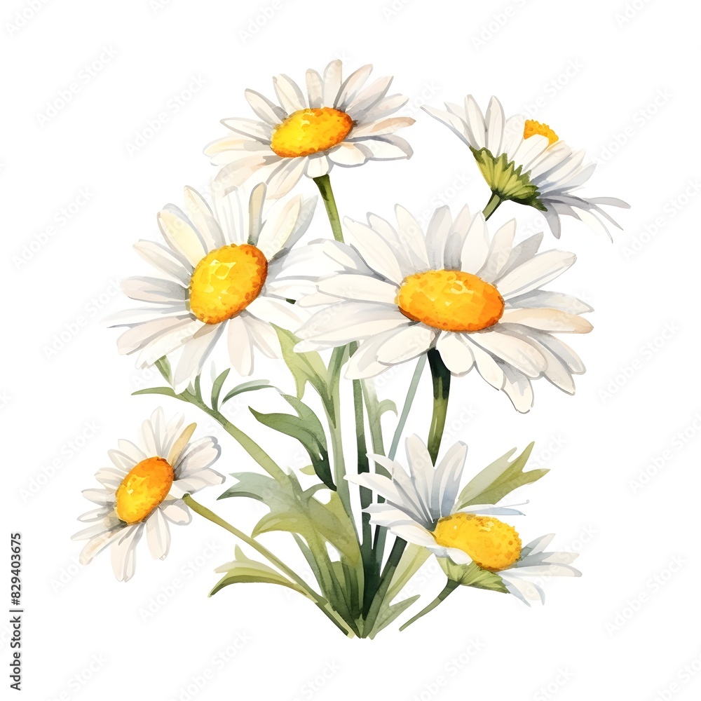 Fototapeta premium Vibrant Watercolor Daisies Blooming in Pastoral Garden Setting