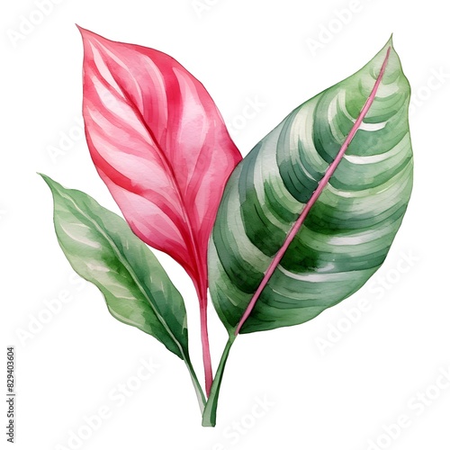 Vibrant Tropical Aglaonema Leaf Watercolor photo