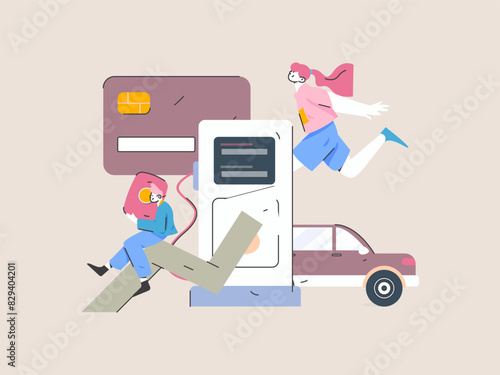 Vector Internet operation hand-drawn illustration of people getting discounts for refueling their cars
