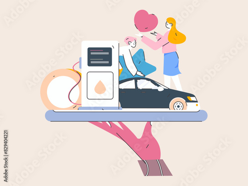 Vector Internet operation hand-drawn illustration of people getting discounts for refueling their cars

