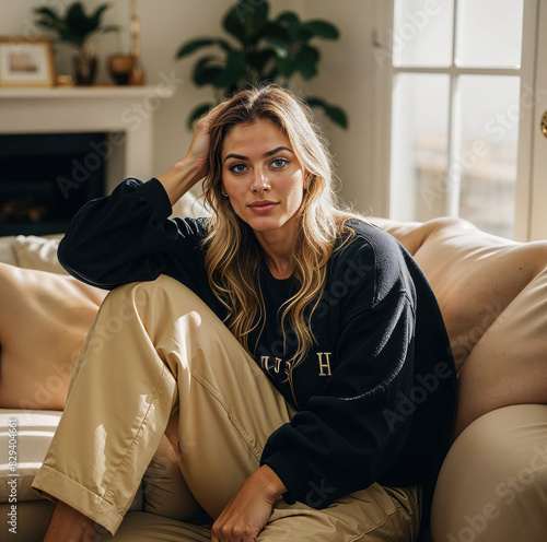 a young, attractive blonde woman with a fit physique and radiant smile, captured in various casual and athletic outfits across different settings - lounging at home on a couch, wearing vibrant fitness