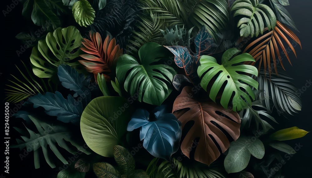 A dense collection of Tropical leaves with a variety of shapes and colors A dense collection of Tropical leaves with a variety of shapes and colors