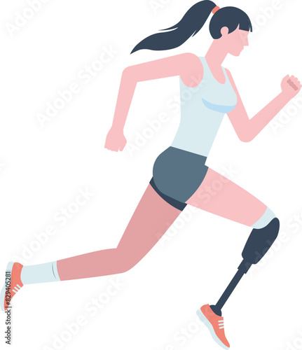 Illustration of a woman running competition with leg prostheses in a blue tank top and blue shorts. Running paralympic athlete flat design illustration.