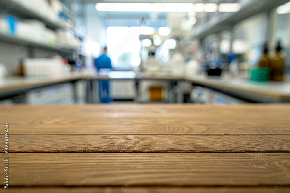 A wooden lab bench in the foreground with a blurred background of a science laboratory. The background features scientific equipment, lab coats, researchers conducting experiments, and shelves. A wooden lab bench in the foreground with a blurred background of a science laboratory. The background features scientific equipment, lab coats, researchers conducting experiments, and shelves.