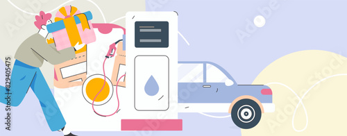Vector Internet operation hand-drawn illustration of people getting discounts for refueling their cars
