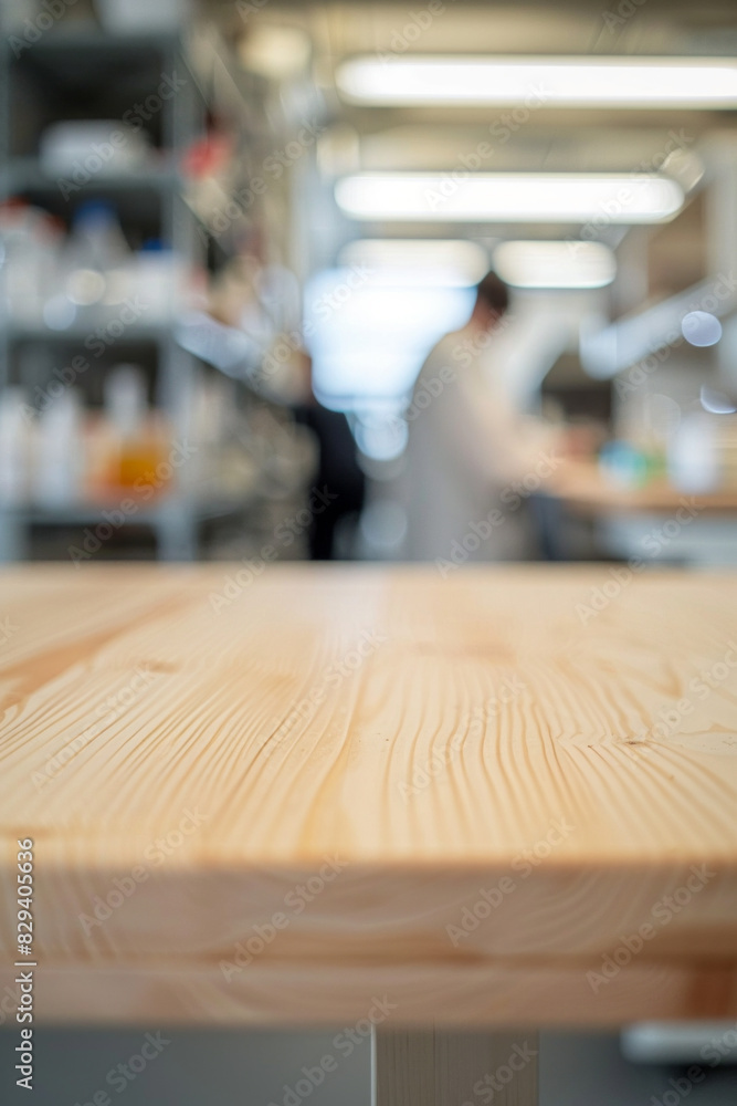 A wooden lab bench in the foreground with a blurred background of a science laboratory. The background features scientific equipment, lab coats, researchers conducting experiments, and shelves.