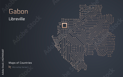 Gabon Map with a capital of Libreville Shown in a Microchip Pattern with processor. E-government. World Countries vector maps. Microchip Series