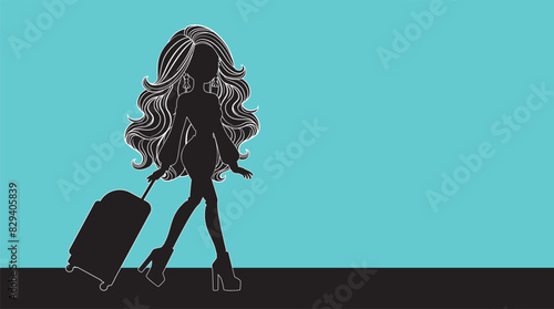 Detailed silhouette of a girl walking with travel suitcase, vector art, full body, thick white outlines, long hair. Traveling woman silhouette vector illustration.

 photo
