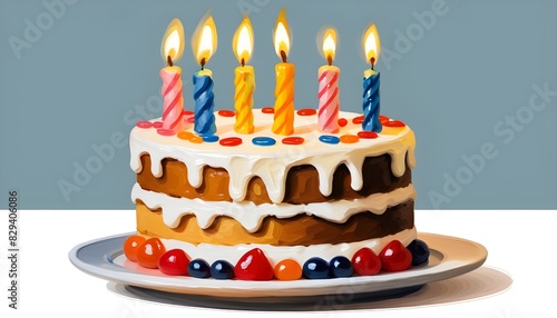 birthday cake with candles isolated on transparent background cutout