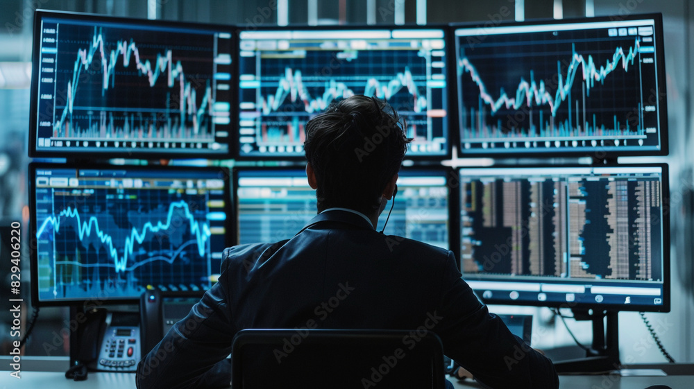 Backview of a man, analyzing stock market trends on multiple computer screens in a trading office. Backview of a man, analyzing stock market trends on multiple computer screens in a trading office.