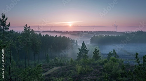 A sweeping panoramic view of a forest bathed in the soft light of dawn  dotted with solar panels and wind turbines generating renewable energy. The tranquil morning sky serves as a backdrop