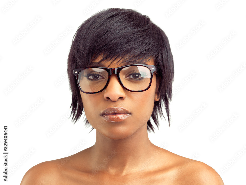 Black woman, portrait and spectacles on against studio white background for confidence, vision and eyewear. Female person, prescription or glasses on isolated on backdrop for stylish and trendy Black woman, portrait and spectacles on against studio white background for confidence, vision and eyewear. Female person, prescription or glasses on isolated on backdrop for stylish and trendy