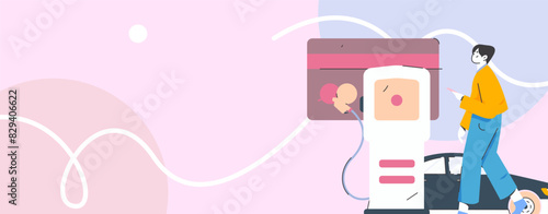 Vector Internet operation hand-drawn illustration of people getting discounts for refueling their cars
