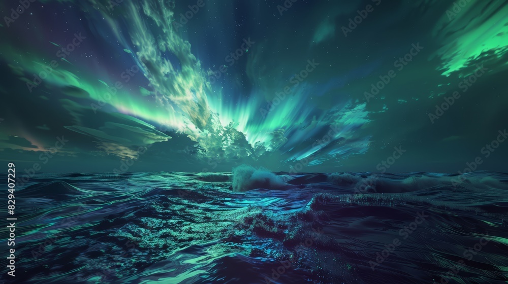 Fototapeta premium Night view with northern lights landscape