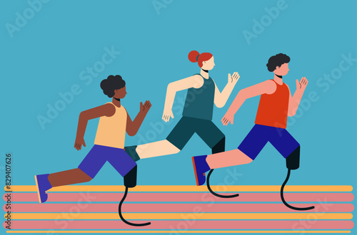 Illustration of three abstract athletes running competition with leg prostheses in tank top and shorts. Running paralympic athletes flat design illustration.