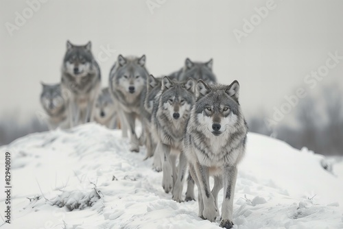 Wolves walking behind a snow covered hill  high quality  high resolution