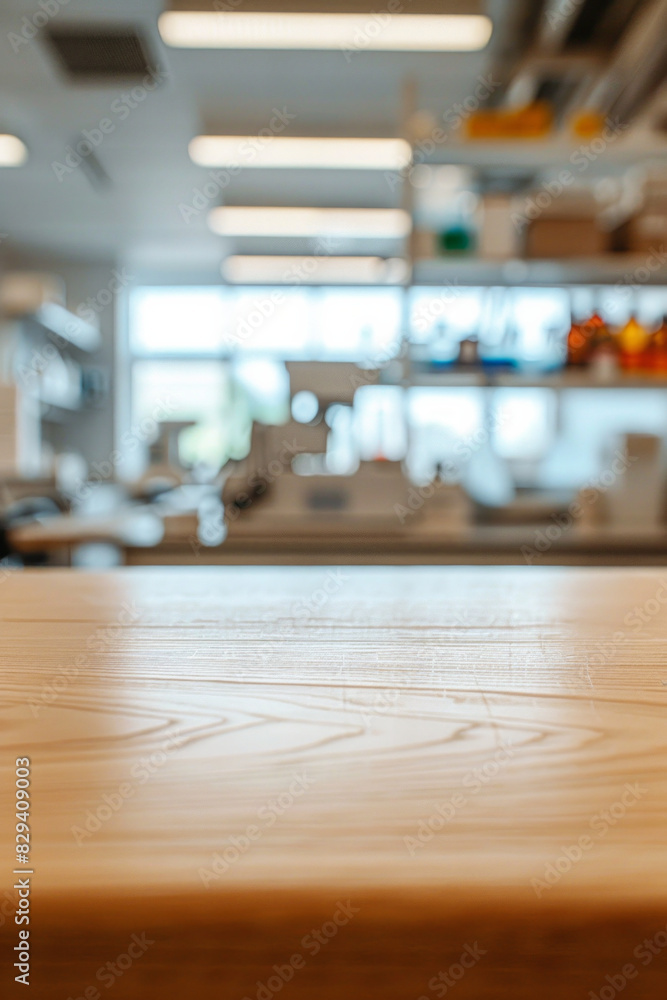 A wooden lab bench in the foreground with a blurred background of a science laboratory. The background features scientific equipment, lab coats, researchers conducting experiments, and shelves. A wooden lab bench in the foreground with a blurred background of a science laboratory. The background features scientific equipment, lab coats, researchers conducting experiments, and shelves.