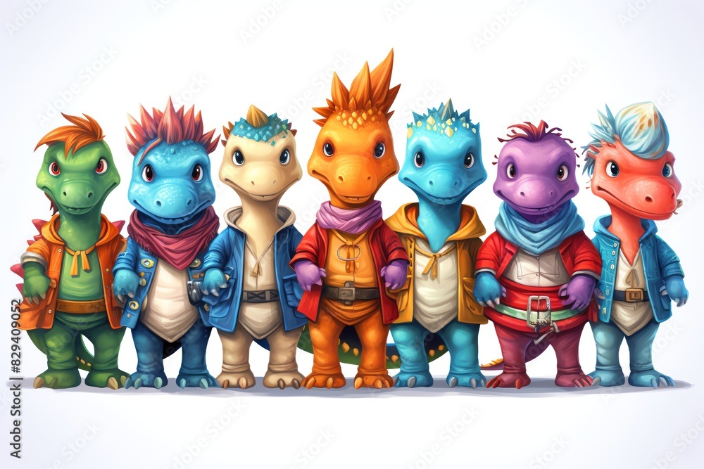 Fototapeta premium A set of multicolored dinosaurs, each wearing a different costume like a pirate, astronaut, or fairy