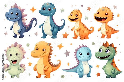 A set of friendly  multicolored dinosaurs with fun shapes like stars and moons on their bodies