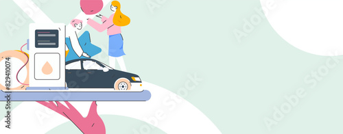 Vector Internet operation hand-drawn illustration of people getting discounts for refueling their cars

