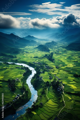 Aerial view of river winding through countryside village vibrant green fields