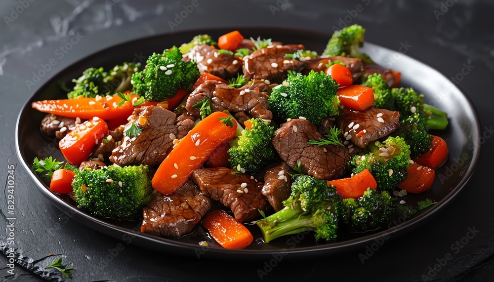 Beef and broccoli stirfry with carrots on a black plate, vibrant colors Beef and broccoli stirfry with carrots on a black plate, vibrant colors