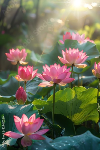 Beautiful pink lotus flowers blooming in a serene pond under sunlight