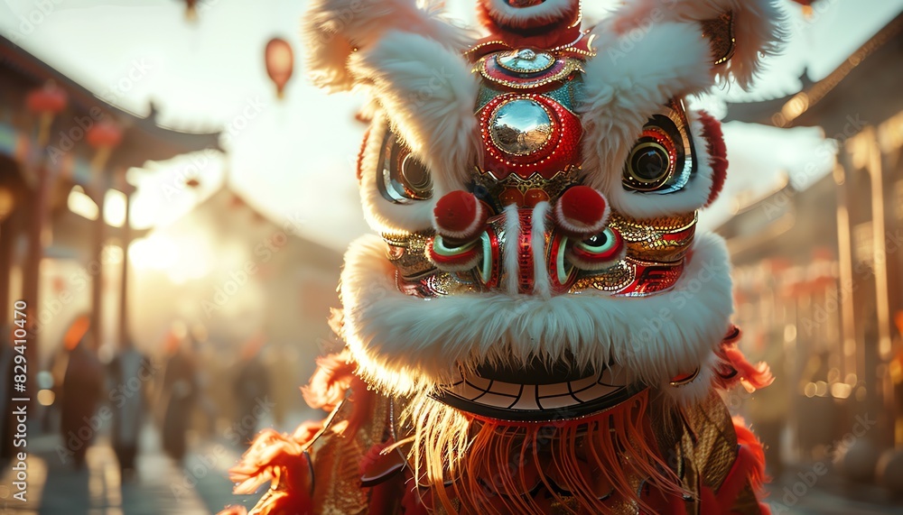 Fototapeta premium Chinese lion dance performer in colorful costume, lively street scene during a festival
