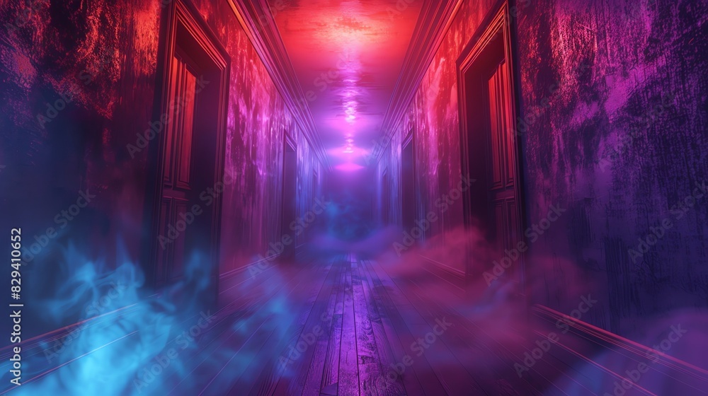 Eerie hallway with fog and colorful lights, dark wooden door at the end Eerie hallway with fog and colorful lights, dark wooden door at the end