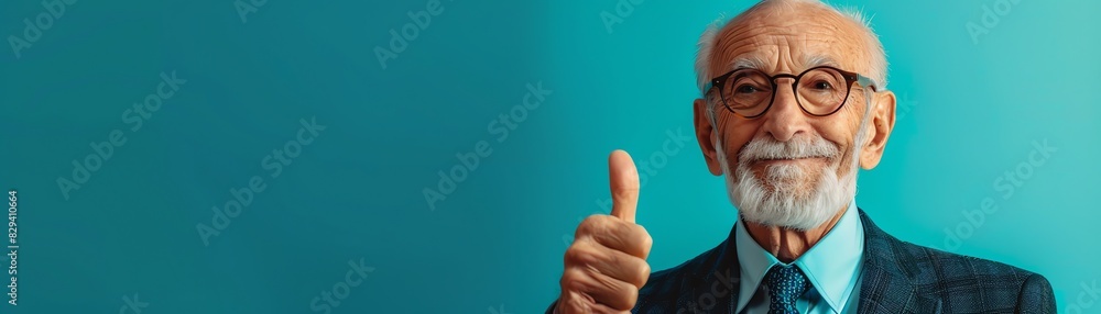 Elderly man in a sharp suit giving a thumbs up, teal background Elderly man in a sharp suit giving a thumbs up, teal background