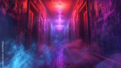 Eerie hallway with fog and colorful lights  dark wooden door at the end