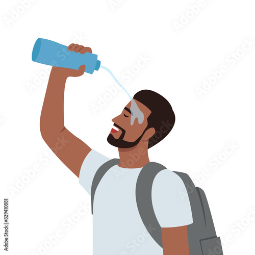 Tired man tourist pouring water on face during long walk in nature in hot weather. Traveler guy with backpack on back exhaustively washes head on go to avoid sunstroke.