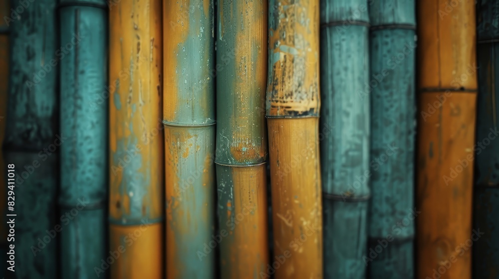 A tight shot of bamboo poles in a room, blue and yellow painted walls surround them Top portions of the poles exhibit peeling paint A tight shot of bamboo poles in a room, blue and yellow painted walls surround them Top portions of the poles exhibit peeling paint