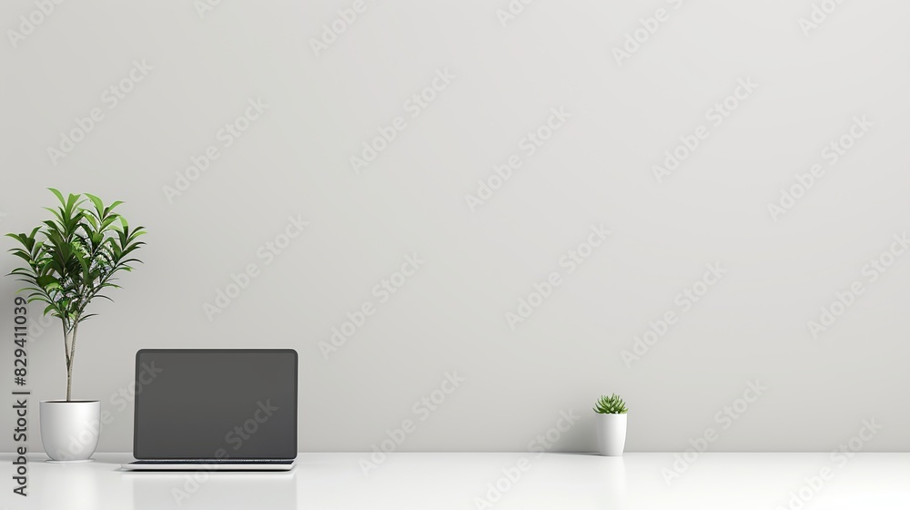 A serene workspace featuring a clean white desk, a sleek laptop, and a minimalist plant in a small pot, set against a plain wall A serene workspace featuring a clean white desk, a sleek laptop, and a minimalist plant in a small pot, set against a plain wall