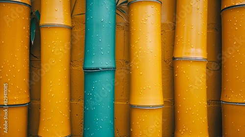  A tight shot of yellow and blue pipes with water droplets and a blue pole, centrally positioned, bearing a green one in the background
