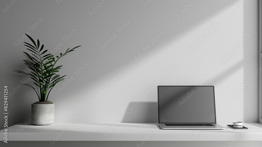 A serene workspace featuring a clean white desk, a sleek laptop, and a minimalist plant in a small pot, set against a plain wall A serene workspace featuring a clean white desk, a sleek laptop, and a minimalist plant in a small pot, set against a plain wall