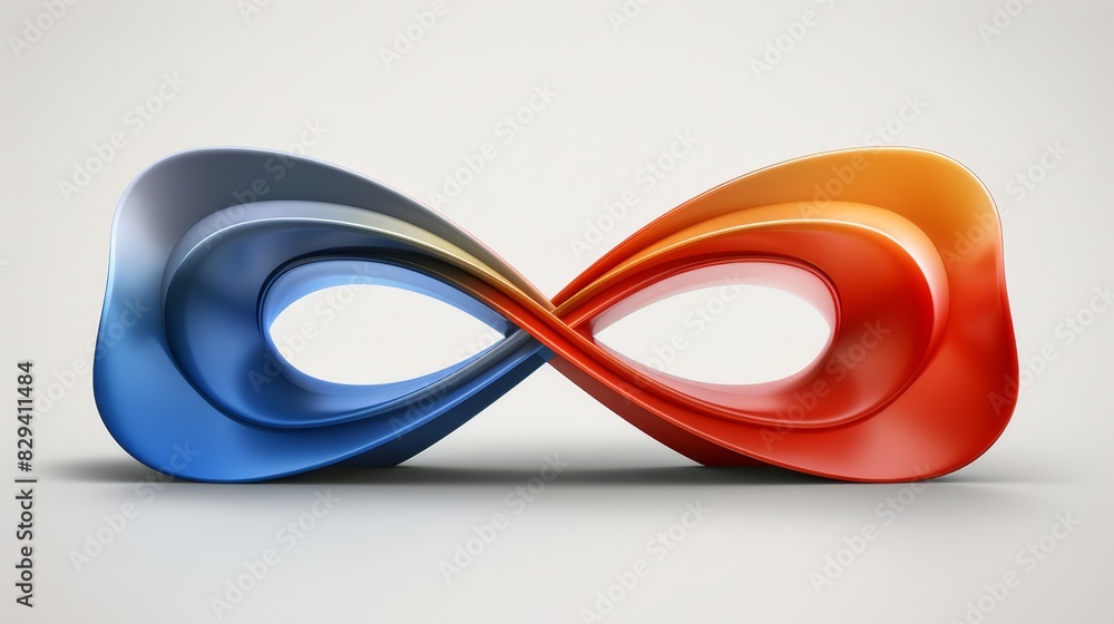 A 3D object with curved designs in red, blue, and orange hues sits against a light gray backdrop The object casts a gentle shadow, originating from its bottom A 3D object with curved designs in red, blue, and orange hues sits against a light gray backdrop The object casts a gentle shadow, originating from its bottom