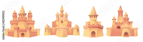Sand castles set isolated on white background. Vector cartoon illustration of medieval fortress sculptures with towers and walls, summer beach design elements, childhood fun, resort vacation leisure
