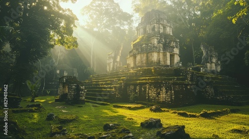 Close-up shot of ancient ruins, illuminated by natural sunlight, amidst a vibrant, mystical forest, showcasing the harmony of nature and history photo