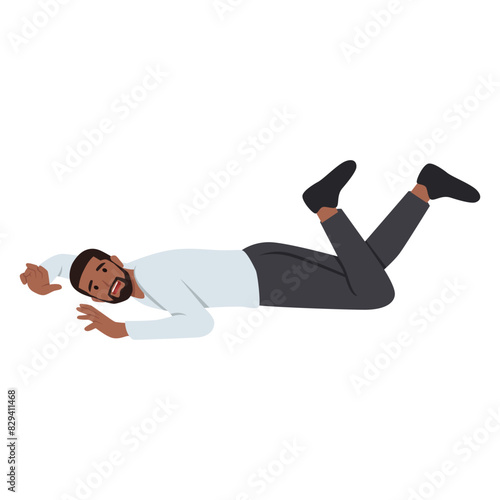 Man laying on ground in pain or unconsciousness, isolated male character fell down stretched hands in front of him and raised legs up. Accident or unexpected fall.