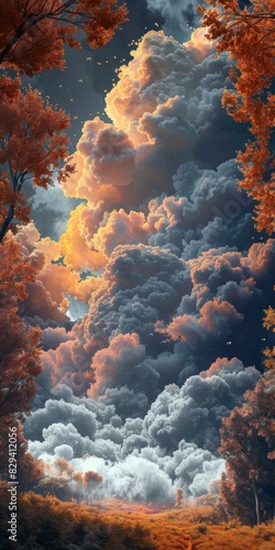 Colorful Autumn Embrace: Orange Trees and Azure Skies