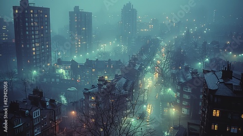 A cityscape  gloomy  shrouded in fog created with Generative AI technology