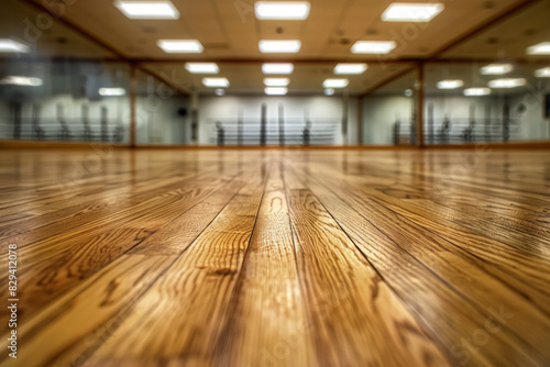 A wooden dance floor in the foreground with a blurred background of a dance studio. The background includes mirrors covering the walls.
