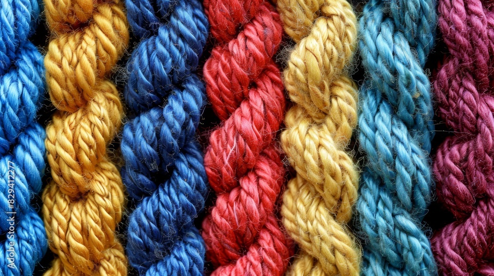 A tight shot of a multihued crochet blanket, showcasing numerous yarn strands in various blues, yellows, reds, oranges, and pinks A tight shot of a multihued crochet blanket, showcasing numerous yarn strands in various blues, yellows, reds, oranges, and pinks