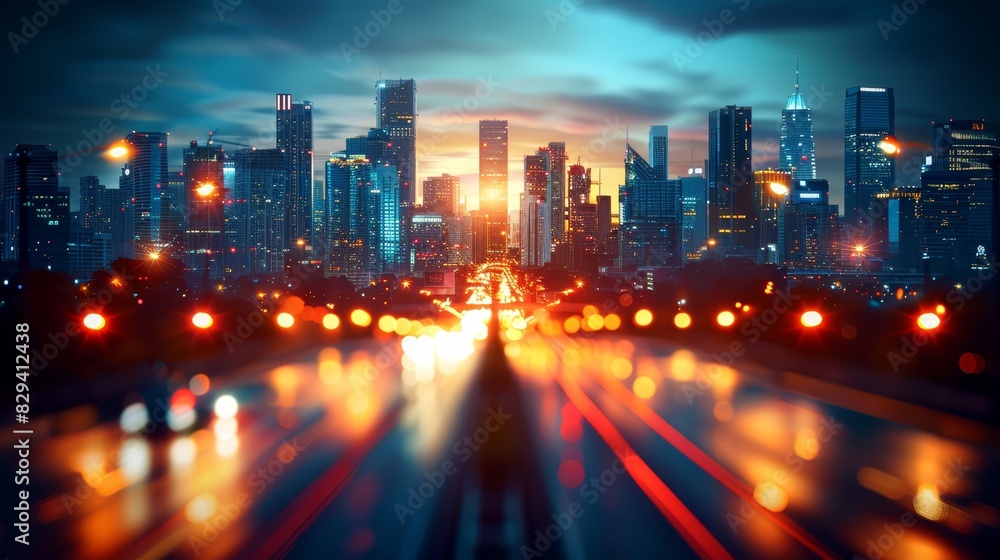 Fototapeta premium A cityscape at night, featuring a multitude of lights in the foreground, and a dense concentration of cars traversing the roads in the mid-foreground