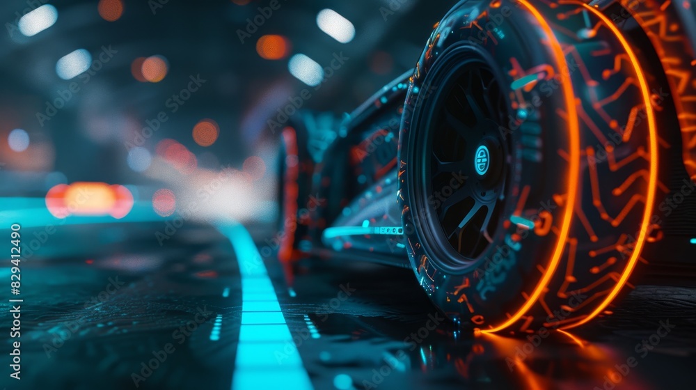 Smart tire with embedded sensors, tech savvy environment, neon accents, orange and turquoise tone Smart tire with embedded sensors, tech savvy environment, neon accents, orange and turquoise tone