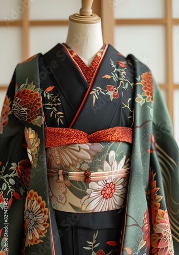 A kimono with a floral pattern and a red obi sash