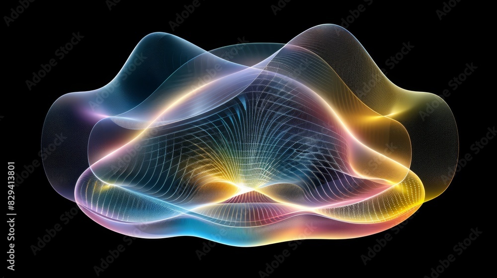 Fototapeta premium A computer-generated wave depicted in blues, yellows, oranges, and pinks against a black backdrop Beneath it, a black background with a white border, positioned to