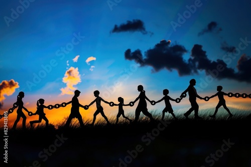 Silhouettes of a team forming a human chain  each link representing trust and reliance on one another in the face of challenges.